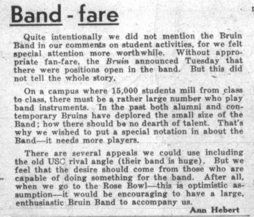 Ann Hebert's "Band fare" column - call for more members, October 3, 1946