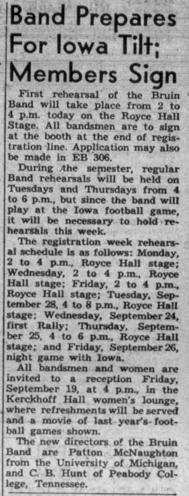 Band prepares for Iowa, Directors McNaughton and Hunt announced, September 15, 1947