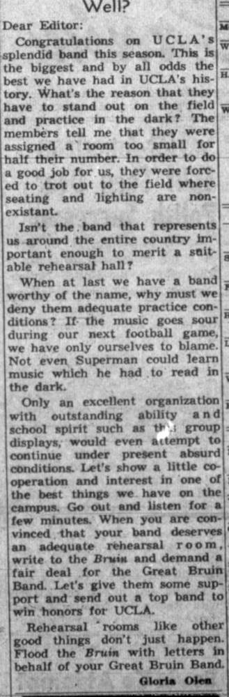 Congrats on Band, needs rehearsal hall. September 25, 1947