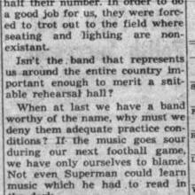 Congrats on Band, needs rehearsal hall. September 25, 1947