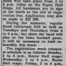 Band prepares for Iowa, Directors McNaughton and Hunt announced, September 15, 1947