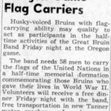 Band needs 58 men to carry United Nations flags, "commemorating those Bruins who gave their lives in World War II." November 11, 1948