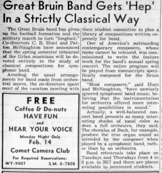 "Great Bruin Band gets help" - classical compositions, February 7, 1948