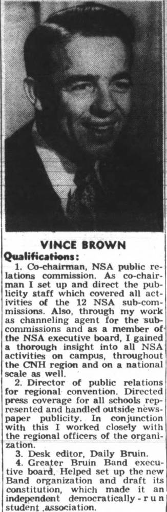 Vince Brown candidate for ASUC President, Drafted Band constitution, May 5, 1948