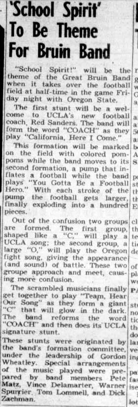 "School Spirit" halftime show welcomes Coach Red Sanders, September 13, 1949