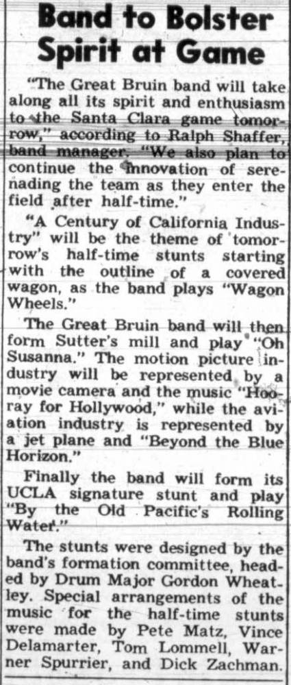 Band to bolster spirit at Santa Clara game, October 14, 1949