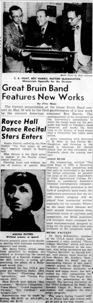 Band to feature new works, photo with Roy Harris. March 17, 1949