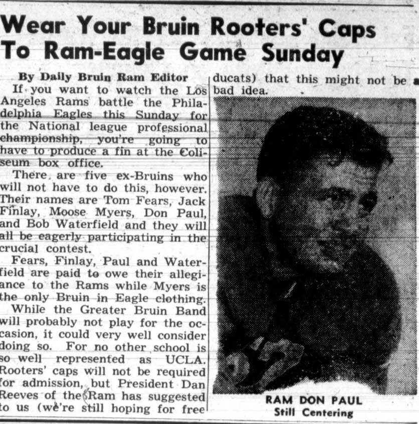 Article suggests Band plays at Rams vs. Eagles game, December 14, 1949