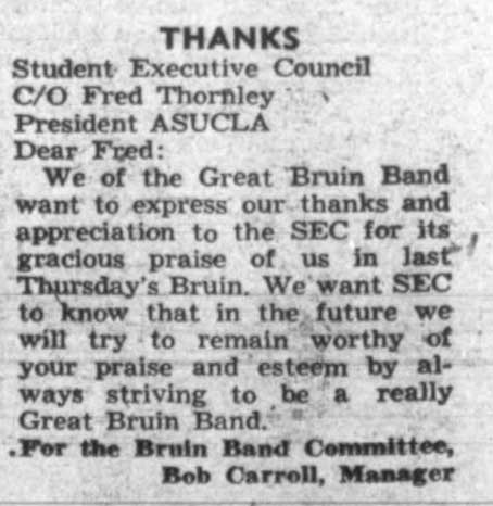 Letter of thanks from Band Manager Bob Carroll, October 2, 1950