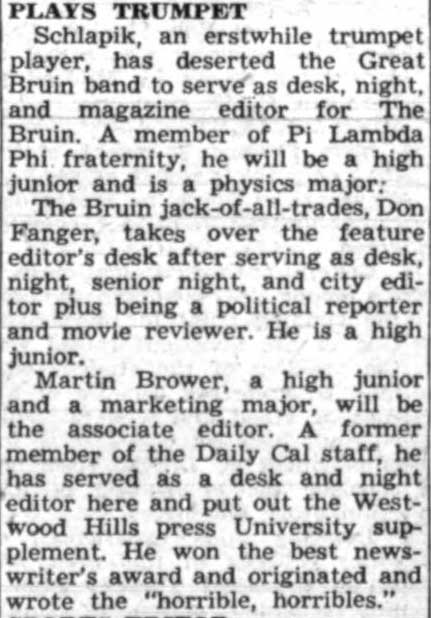 Schlapik leaves Band to become Daily Bruin editor, January 6, 1950