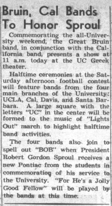 UCLA and Cal bands to honor Sproul, November 8, 1950