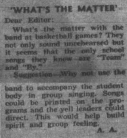 Letter - "What's the matter with the band at basketball games?" March 2, 1950