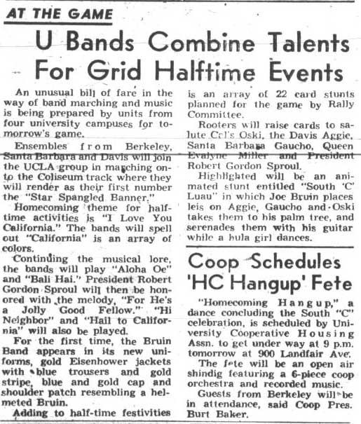 Band appears in new uniforms, combines with Cal, Davis, UCSB bands. November 2, 1951