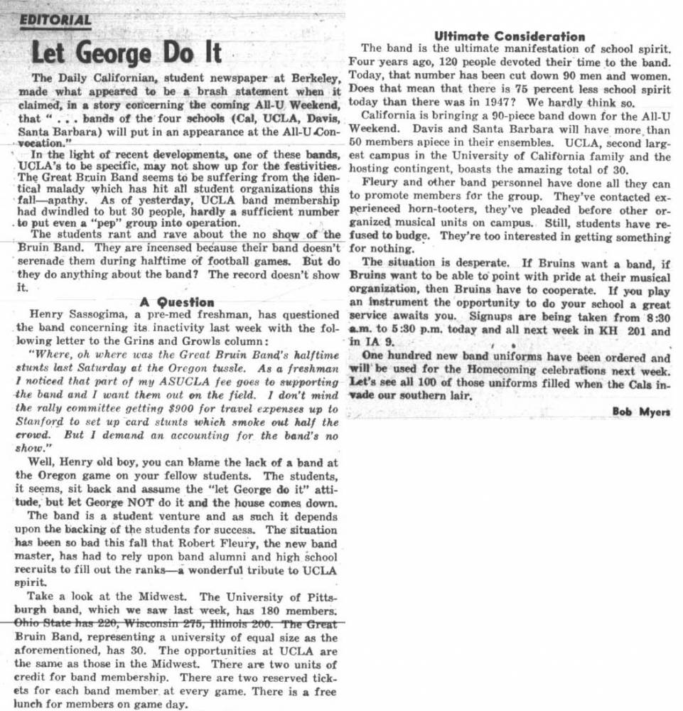 Editorial urging more support for Band, October 26, 1951