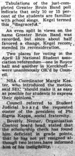 Poll results indicate lack of familiarity with school songs, April 5, 1951