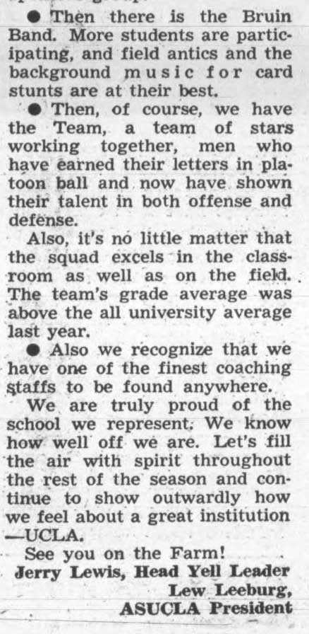 ASUC President mentions Band in message, October 14, 1953