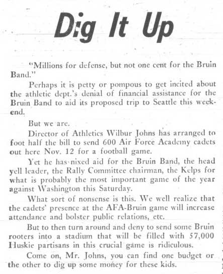 "Dig it Up" editorial calls for Athletics to fund Band trip to Washington, October 10, 1960