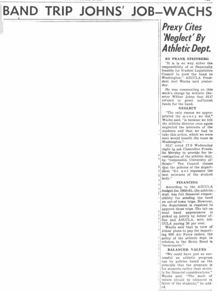 ASUC president comments on dispute over funds for Band trip to Washington, October 14, 1960