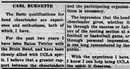 Twirler Carl Burnett runs for head cheerleader, April 18, 1961