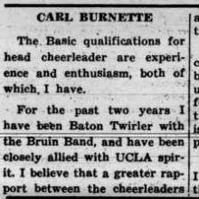 Twirler Carl Burnett runs for head cheerleader, April 18, 1961