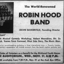 Ad for David Baskerville's Robin Hood Band, November 19, 1962
