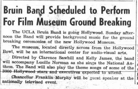 Band scheduled to perform at Hollywood Film Museum groundbreaking, October 17, 1963