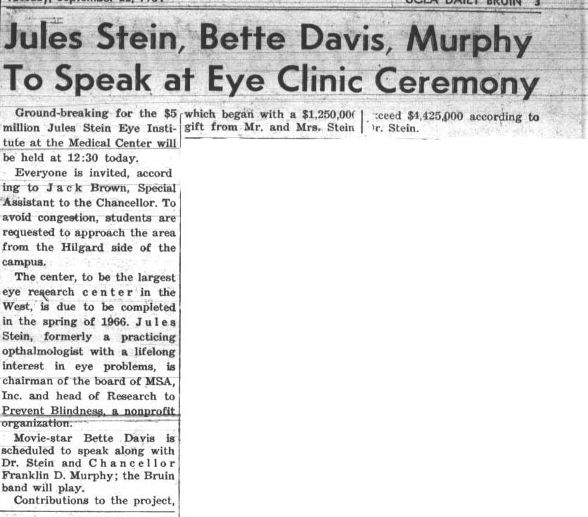 Band performs at opening of Jules Stein Eye Clinic, Bette Davis speaks. September 22, 1964