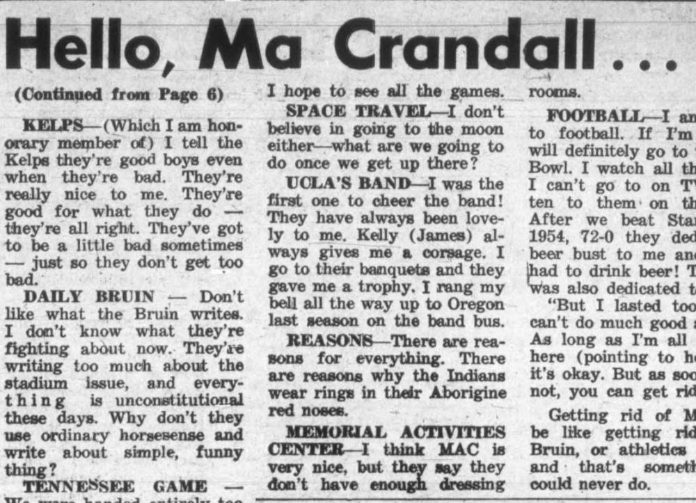 UCLA Rooter 'Ma' Crandall comments on Band, December 16, 1965