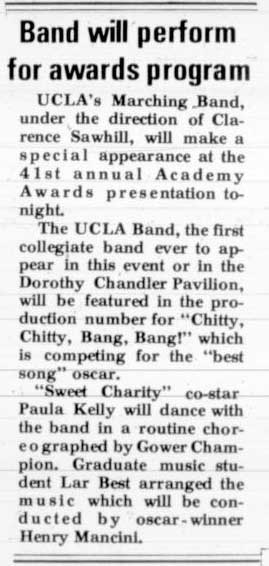 Band to perform on Academy Awards, April 14, 1969