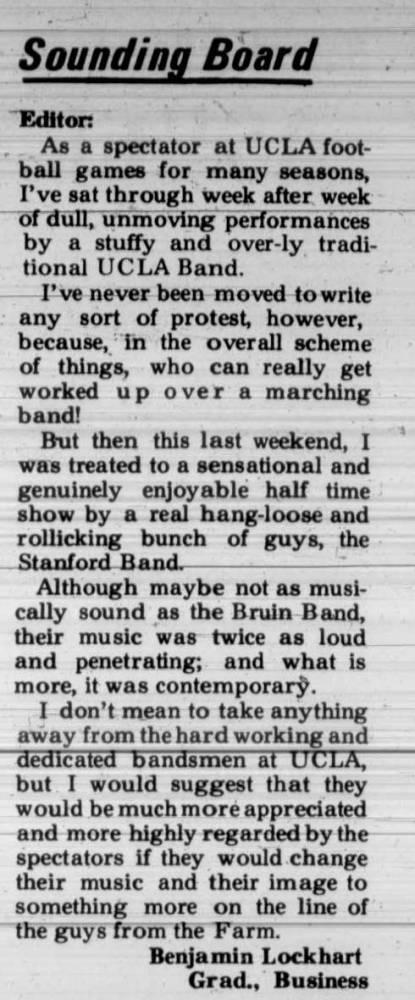 Letter - UCLA Band should be more like Stanford's, November 3, 1969