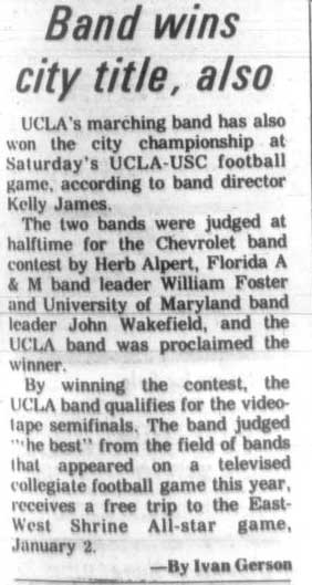 Band wins city title, Herb Alpert judge. November 25, 1970