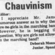 Deborah Monson letter - Why women not allowed in Band, November 19, 1970