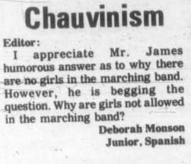 Deborah Monson letter - Why women not allowed in Band, November 19, 1970