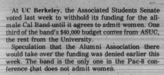 Cal's ASUC withholds funding to Cal Band until it admits women, January 18, 1973