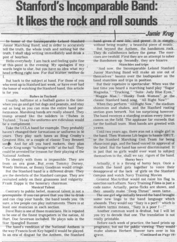 Jamie Krug article - "Stanford's incomparable band," October 18, 1973