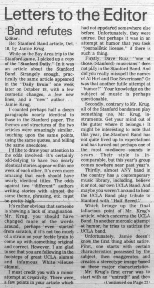 Letter -  Reaction to Krug's article about Stanford Band, October 25, 1973