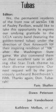 Thanks to Varsity Band, February 18, 1976