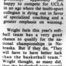 Article on Charlene Wright, UCLA softball player and Band member. April 20 ,1976