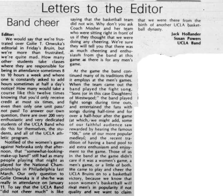 UCLA Band members' letter, January 28, 1977