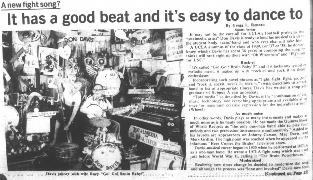 New fight song - "Go Go Bruin Baby." October 5, 1977