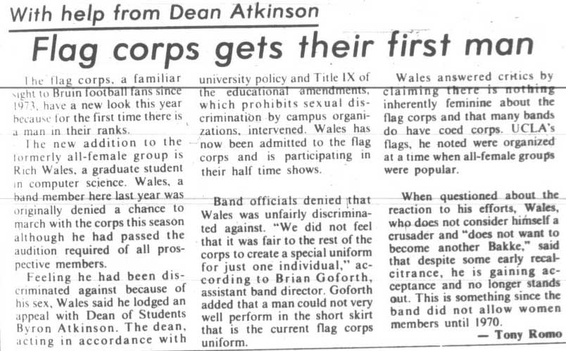 First male joins Band flag corps, November 1, 1978