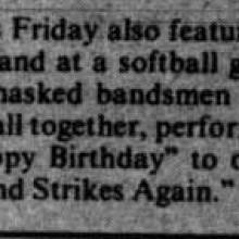 First appearance of Band at softball game, April 30, 1980