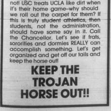 Traveler ad placed in Daily Bruin by Band members, November 10, 1982
