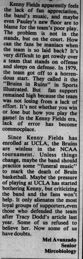 Letter - Blame the team, not the Band. February 17, 1984