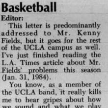 Basketball letter - response to Kenny Fields' take on Band, February 1, 1984