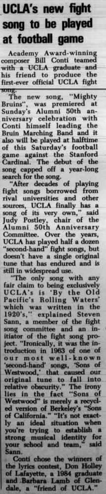 "Mighty Bruins" to be introduced at Stanford game, history of fight songs. October 3, 1984