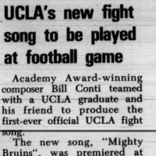 "Mighty Bruins" to be introduced at Stanford game, history of fight songs. October 3, 1984