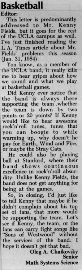 Basketball letter - response to Kenny Fields' take on Band, February 1, 1984