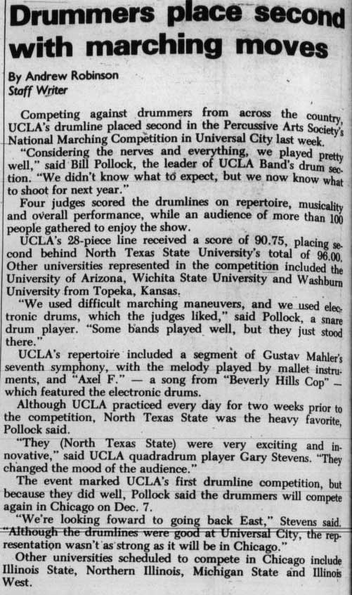 Drumline places second in Percussive Arts Society competition, December 3, 1985