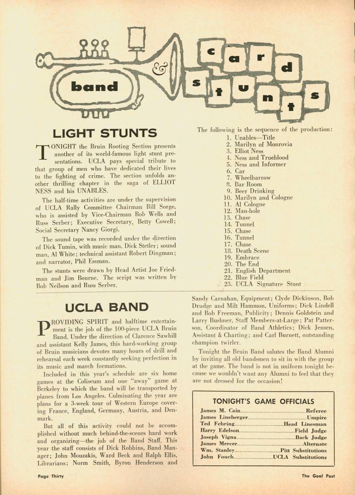 1960 Goal Post UCLA vs. Pittsburgh Band Page